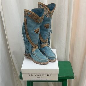 Blue and Tan Fringe Knee Boots